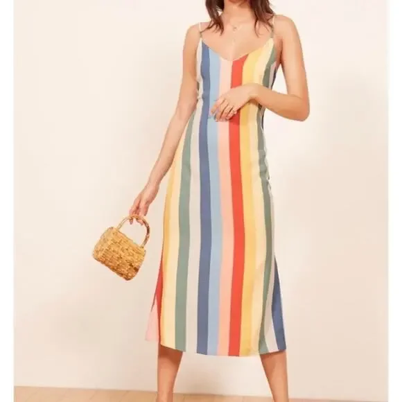Reformation Rainbow Midi Dress 2 XS Striped V-neck spaghetti strap multicolor - Picture 7 of 11
